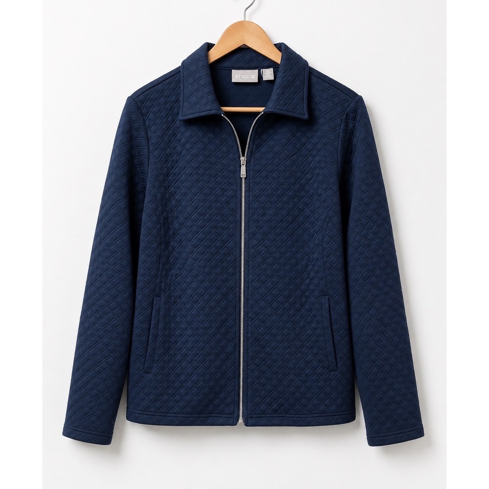 Chicos Navy Blue Diamond Quilted Full Zip Collared Jacket Womens Size 2 Large